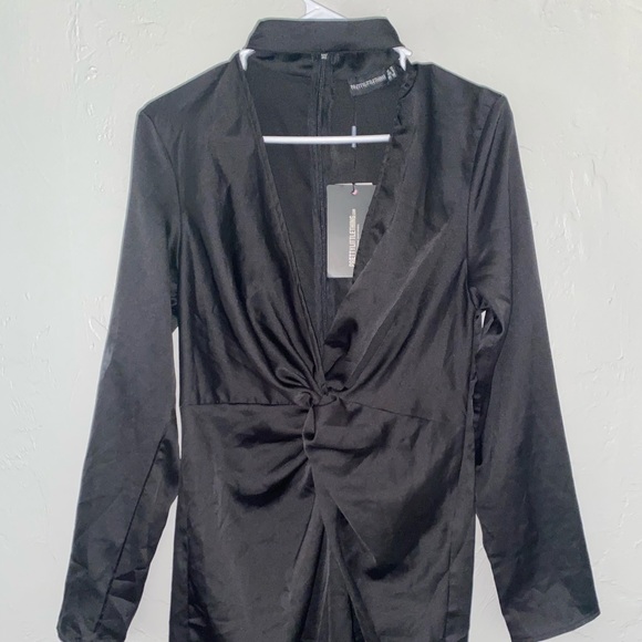 Black Satin Choker Detail Wrap Bodycon Dress - Picture 2 of 2